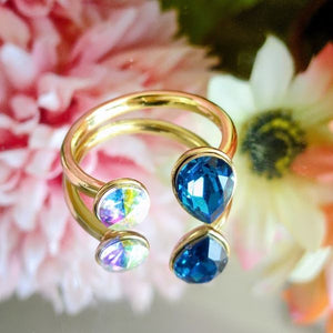 Anillo 14K Ajustable Swarovski Cristales Gota Redondo Tornasol - Azul
