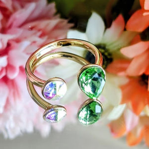 Anillo 14K Ajustable Swarovski Cristales Gota Redondo Tornasol - Verde