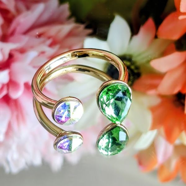 Anillo 14K Ajustable Swarovski Cristales Gota Redondo Tornasol - Verde