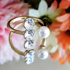 Anillo 14K Ajustable Swarovski Cristales Triple - Blanco