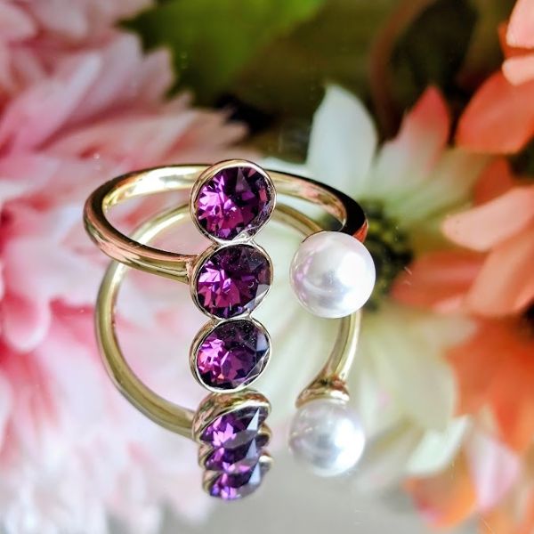 Anillo 14K Ajustable Swarovski Cristales Triple - Púrpura