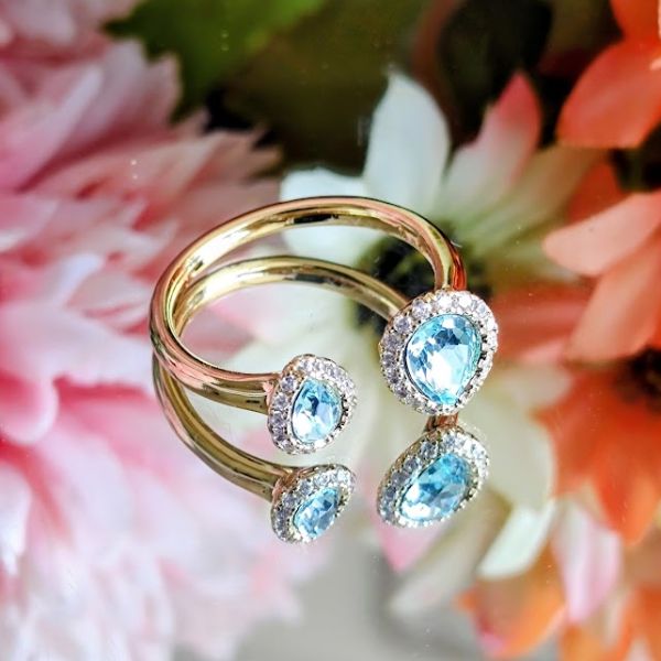 Anillo 14K Ajustable Swarovski Engarzado Gota - Celeste