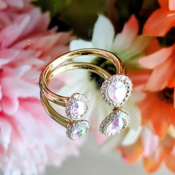 Anillo 14K Ajustable Swarovski Engarzado Gota - Tornasol