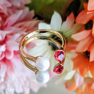 Anillo 14K Ajustable Swarovski Gota Perla - Rojo