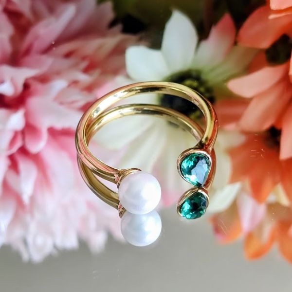 Anillo 14K Ajustable Swarovski Gota Perla - Verde