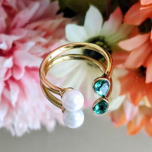 Anillo 14K Ajustable Swarovski Gota Perla - Verde