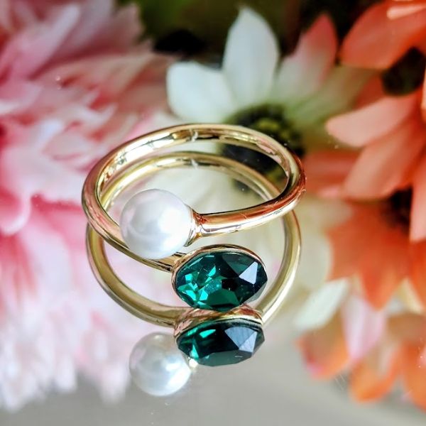 Anillo 14K Ajustable Swarovski Ovalado Perla - Verde