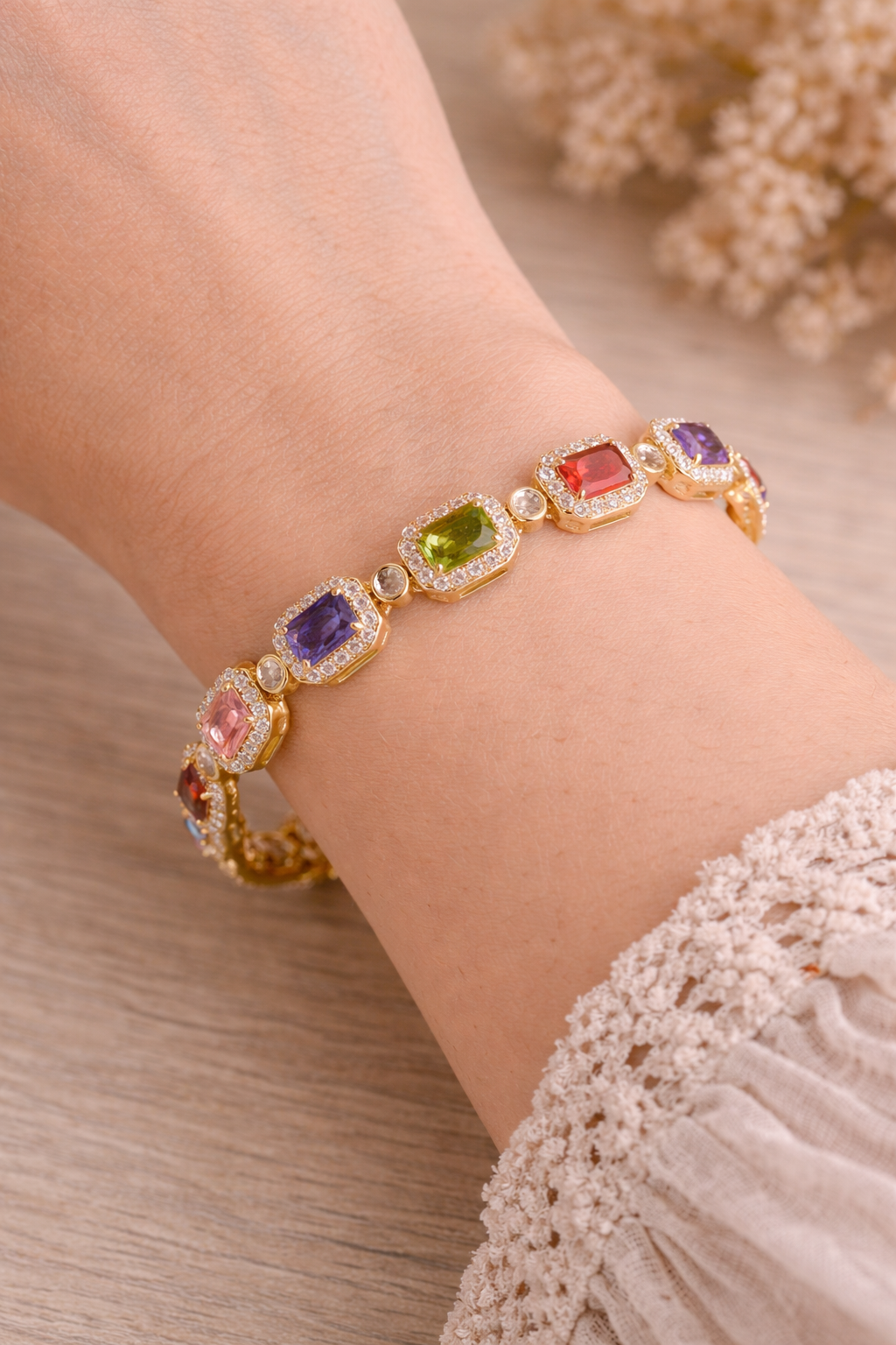 Pulsera Cristales Multicolor – Oro Laminado 14K | 18–21 cm