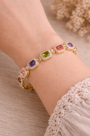 Pulsera Cristales Multicolor – Oro Laminado 14K | 18–21 cm