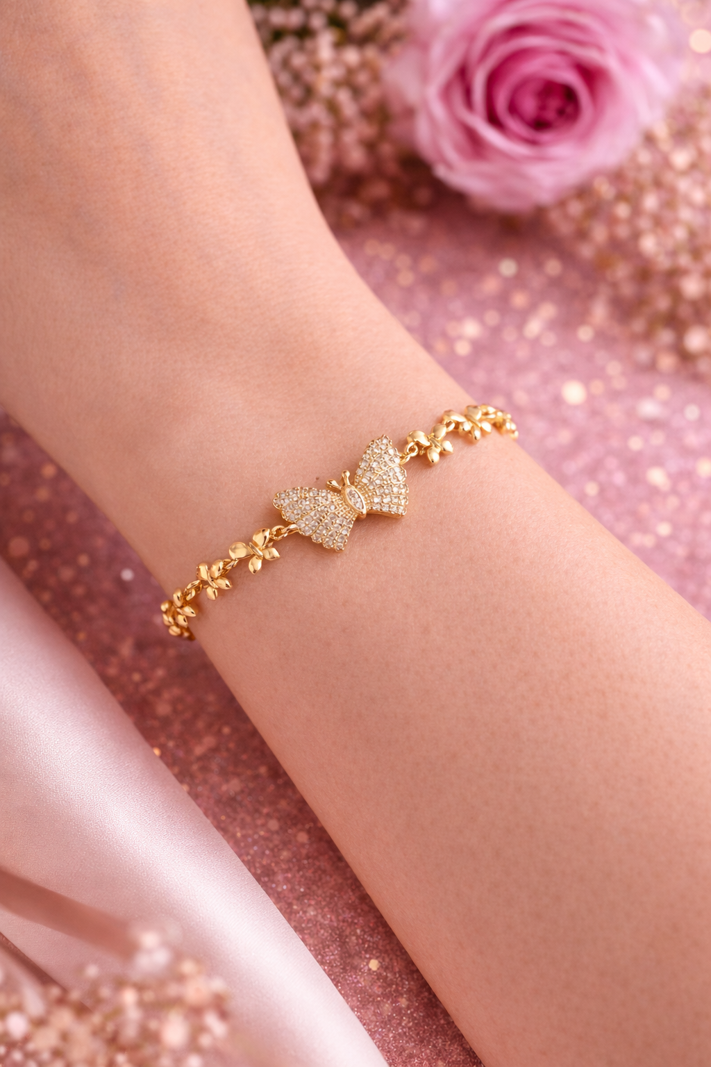 Pulsera Mariposa con Brillos – Oro Laminado 14K | 18–21 cm