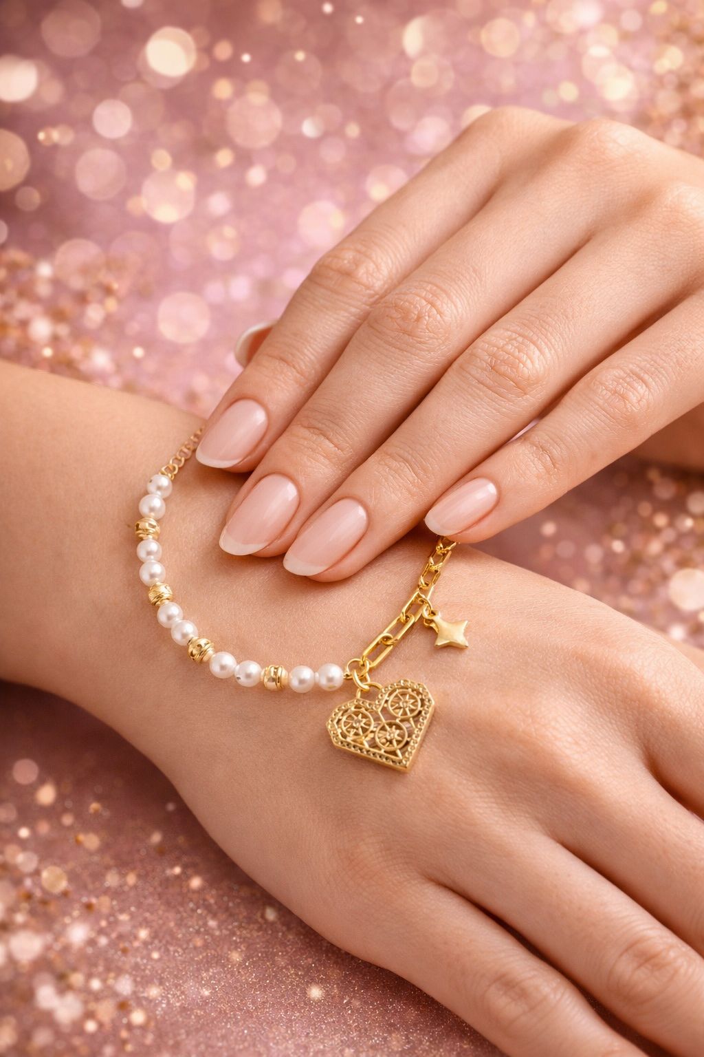 Pulsera Perlas con Dijes Corazón y Estrella – Oro Laminado 14K