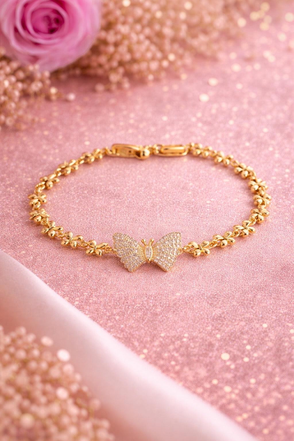 Pulsera Mariposa con Brillos – Oro Laminado 14K | 18–21 cm