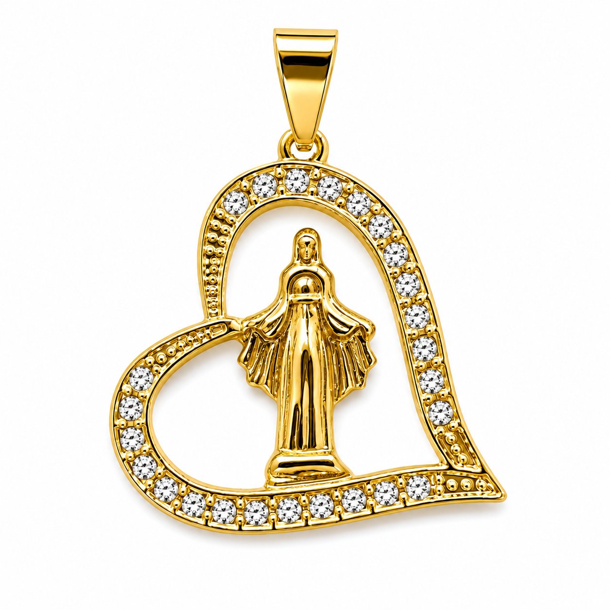 Dije Virgen en Corazón en Oro Laminado 14K – Amor y Devoción
