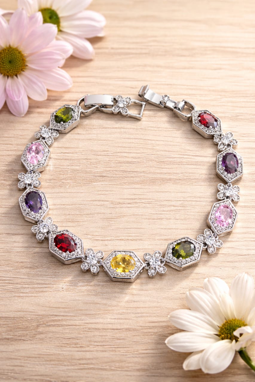 Pulsera Multicolor con Cristales y Flores – Oro Laminado Blanco