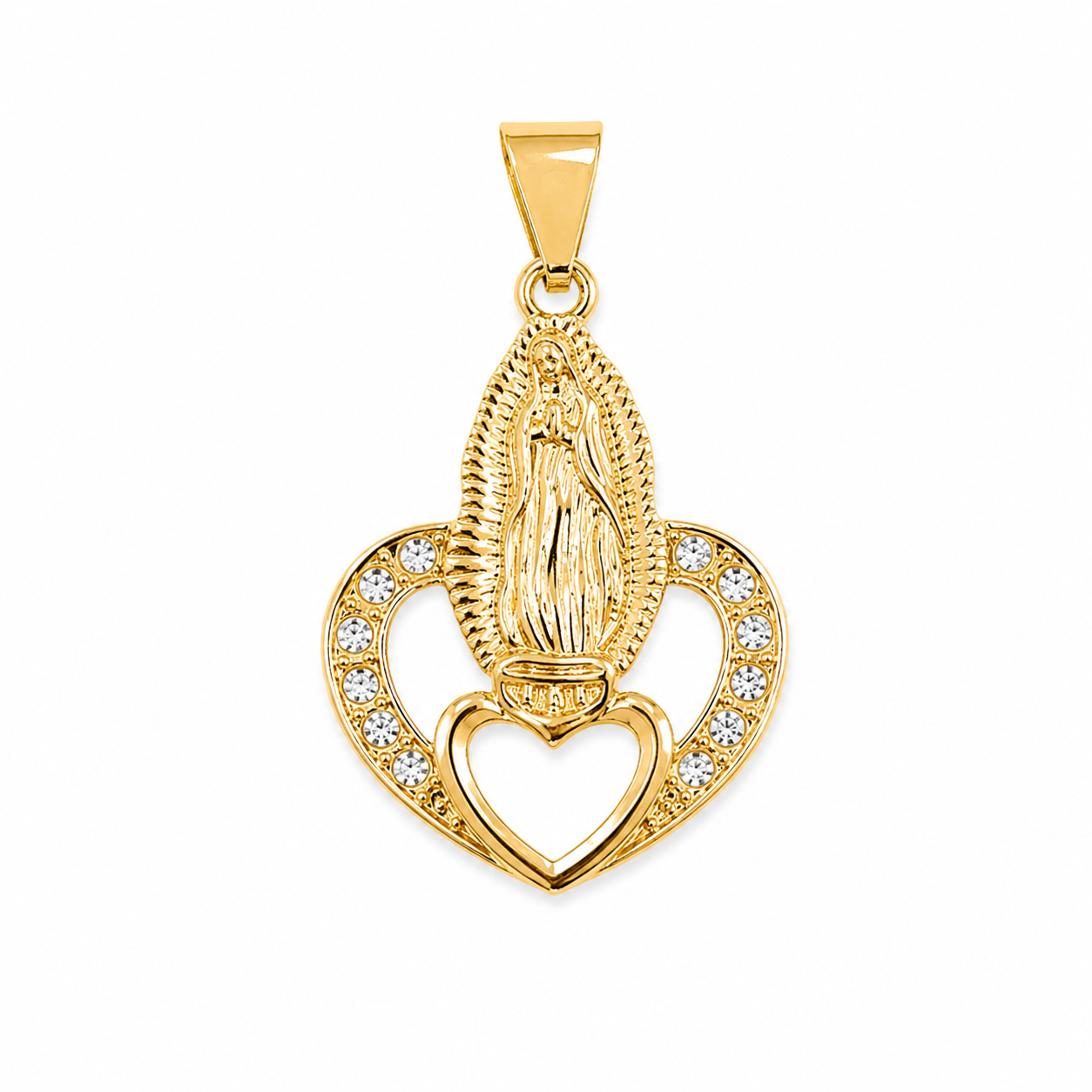 Dije Virgen en Oro Laminado 14K – Fe que Abraza con Amor