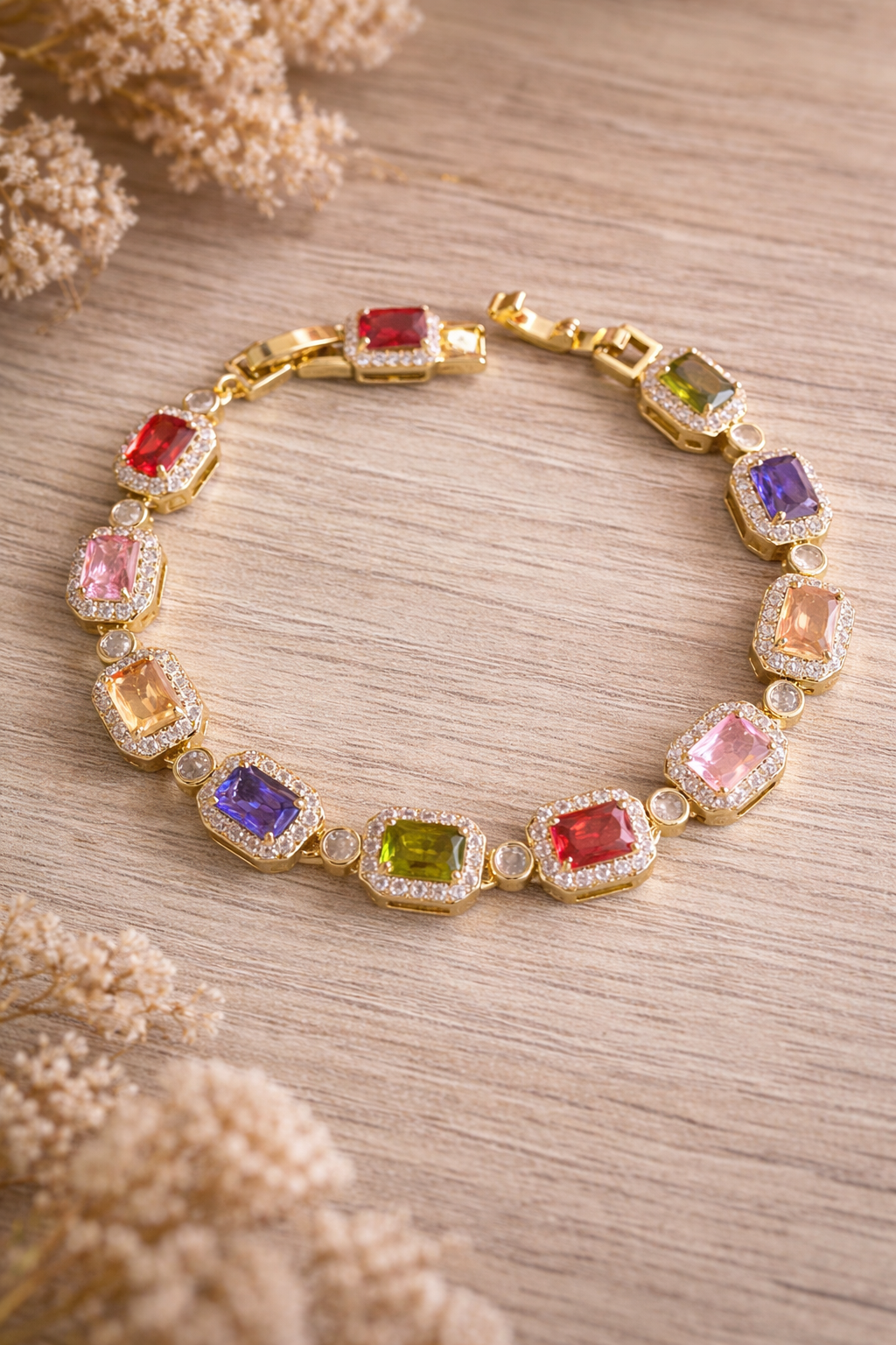 Pulsera Cristales Multicolor – Oro Laminado 14K | 18–21 cm